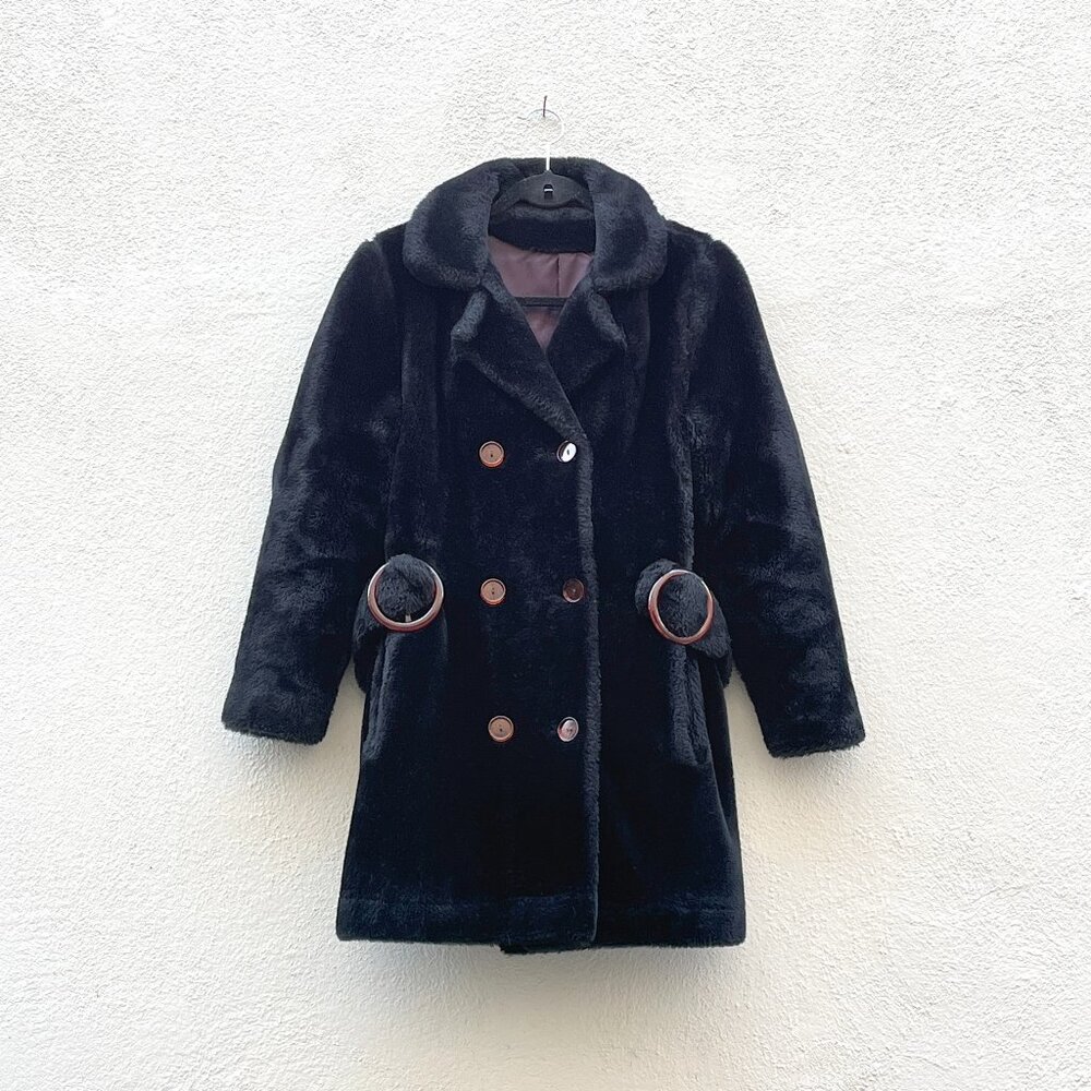 Vintage 60s Women's Mod Plush Faux Fur Double Breasted Peacoat Coat Medium